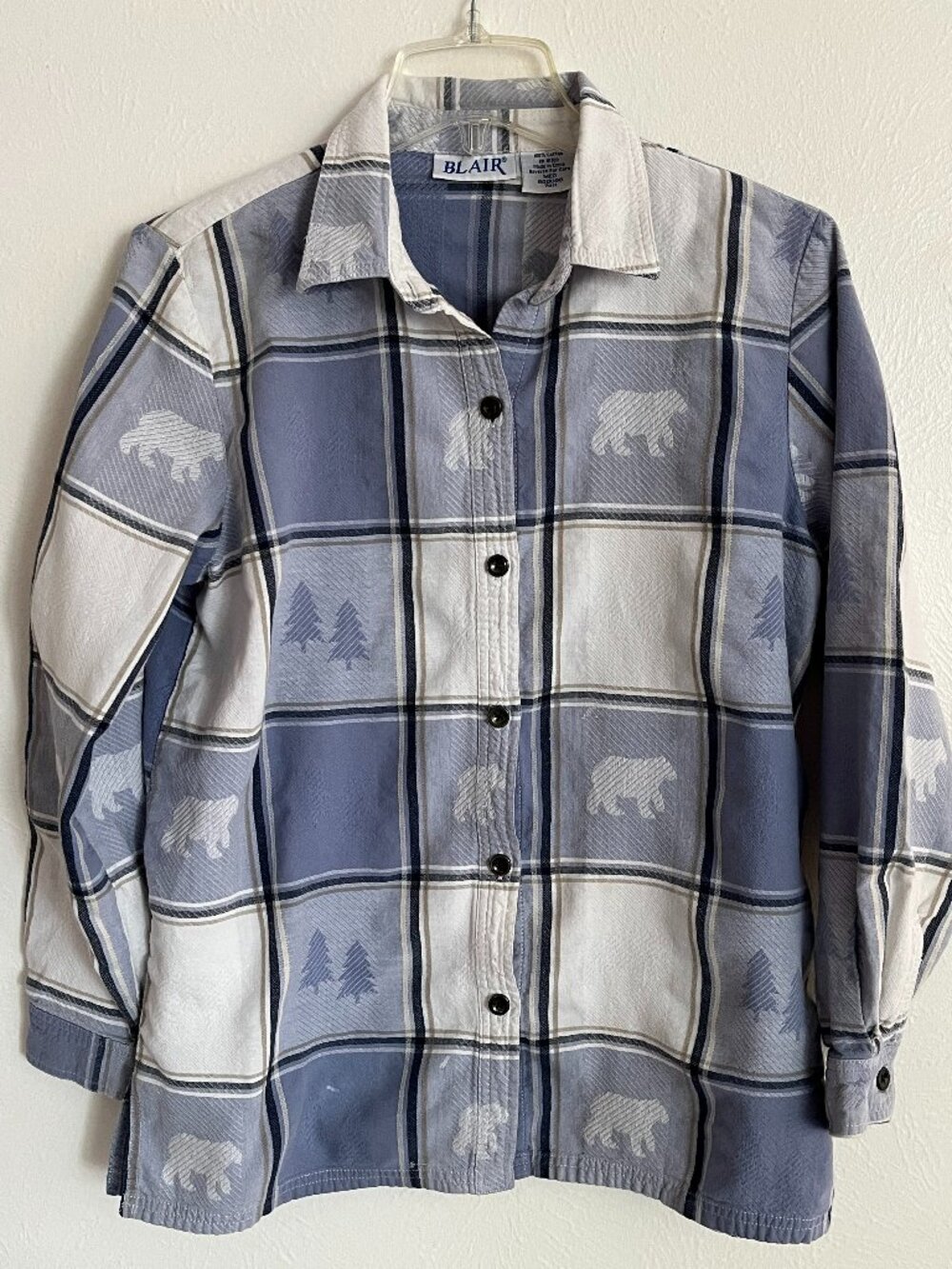 Blair Women's 100% Cotton Blue Bear Textured Camp Shirt Size M Outdoor Nature